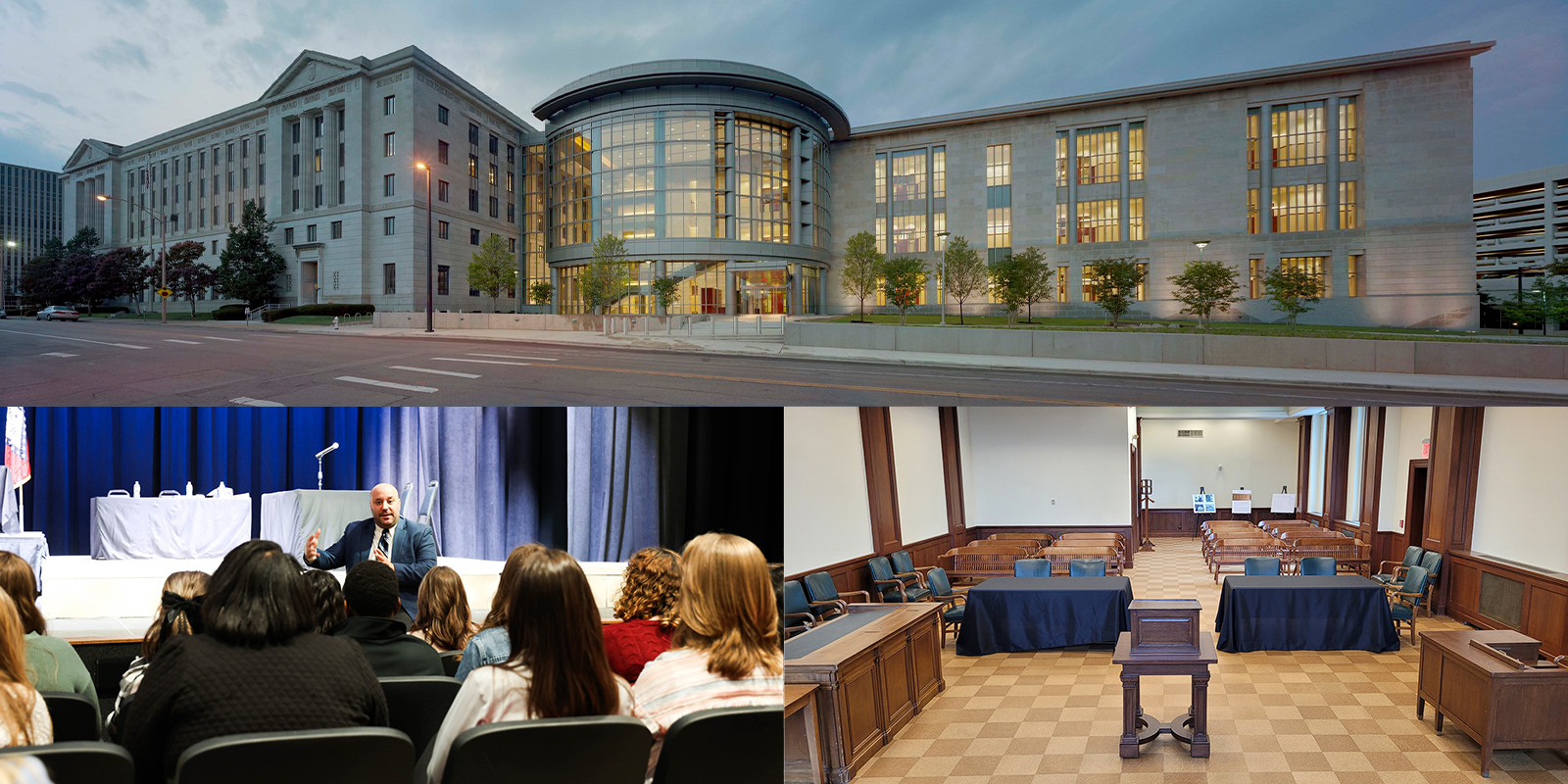 Colage of our building, our Era-Faithful courtroom, and our own Judge teaching students.